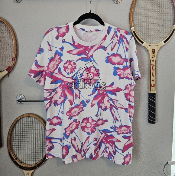 Adidas Floral Pink And Blue Graphic White t Shirt tee Large - Picture 1 of 4